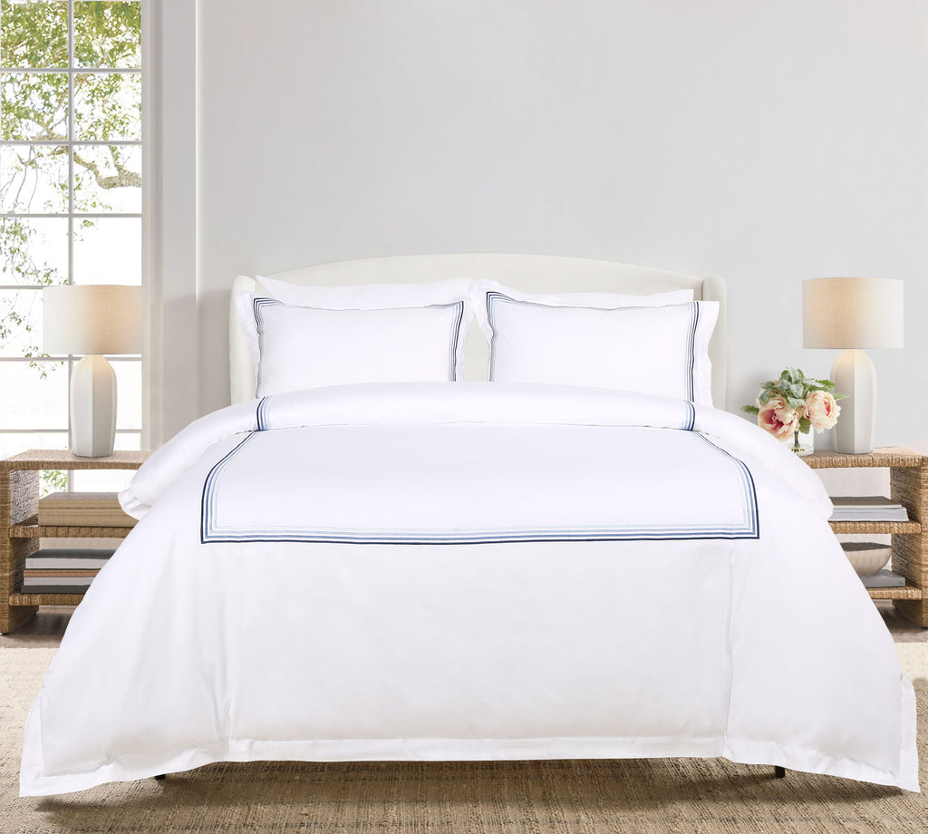Embroiled duvet cover set with camouflage blue frames