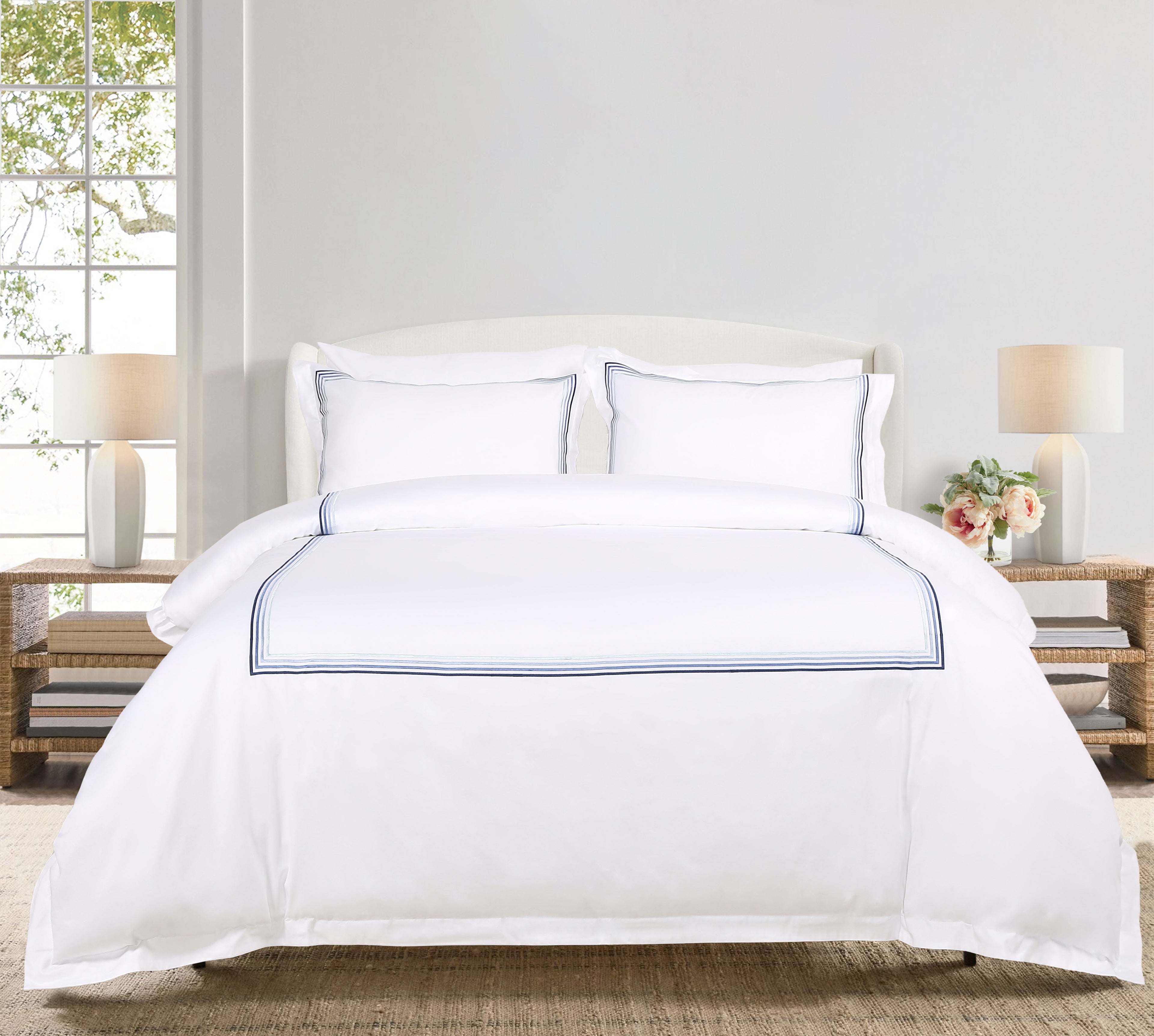 Embroiled duvet cover set with camouflage blue frames