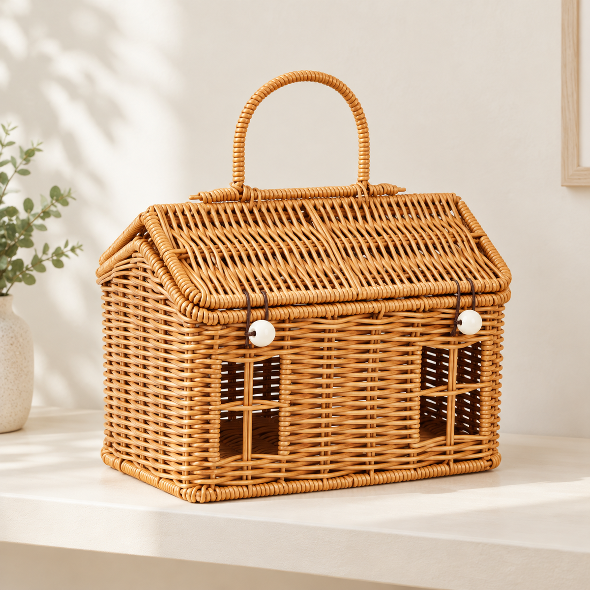House-Shaped Woven Storage Basket with Lid and Handle