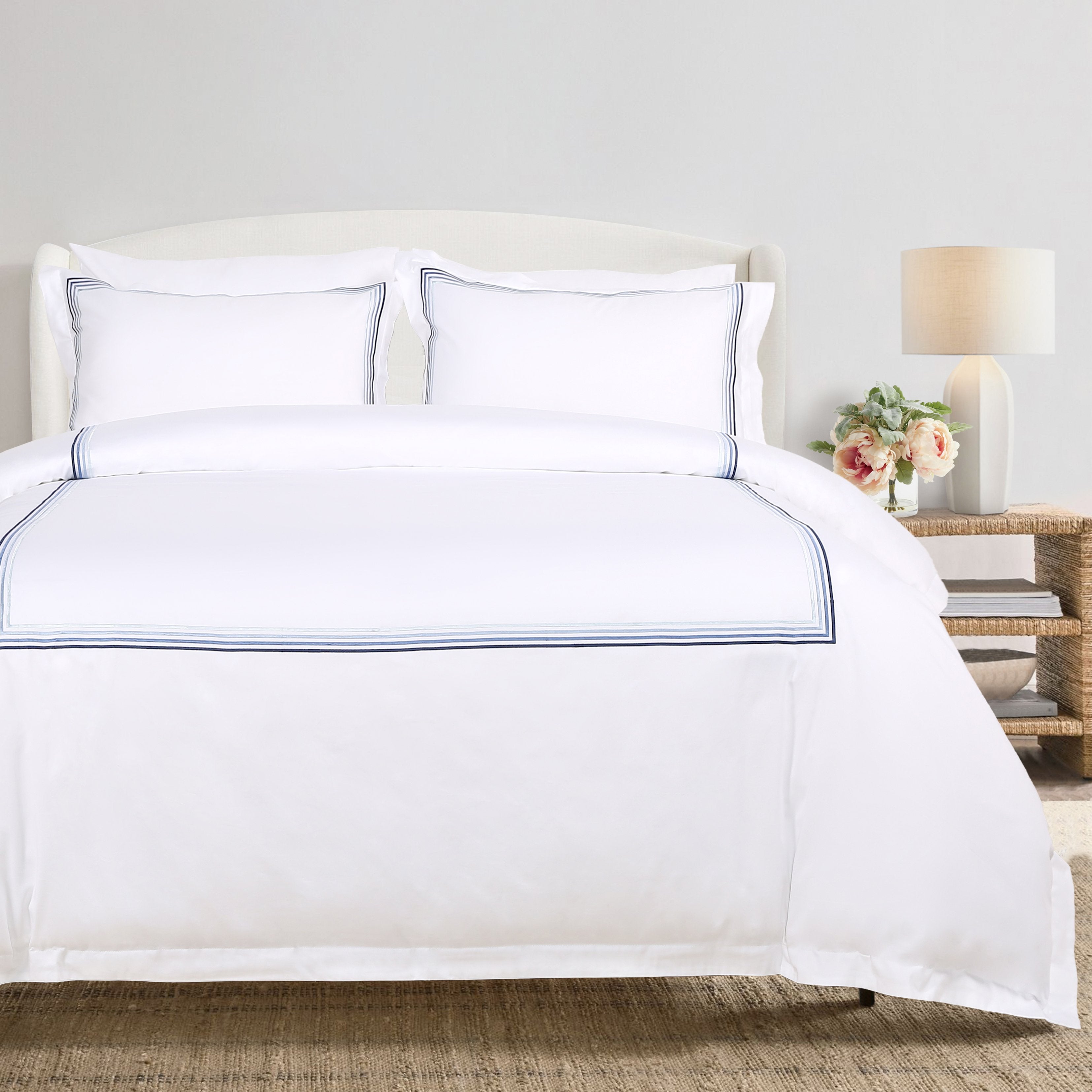 Embroiled duvet cover set with camouflage blue frames
